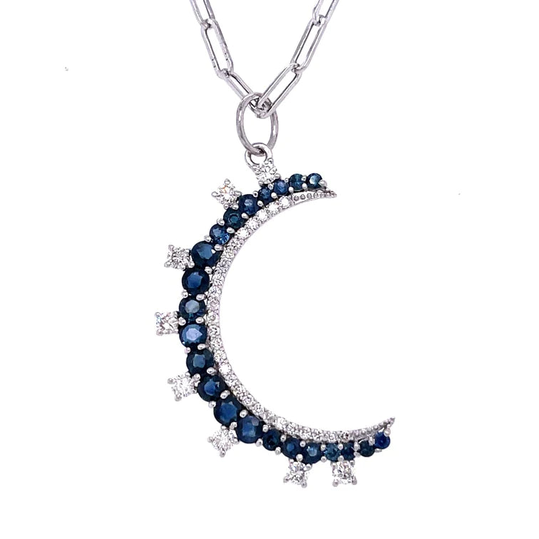 14kt White Gold Blue Sapphire Moon Pendant With Diamonds