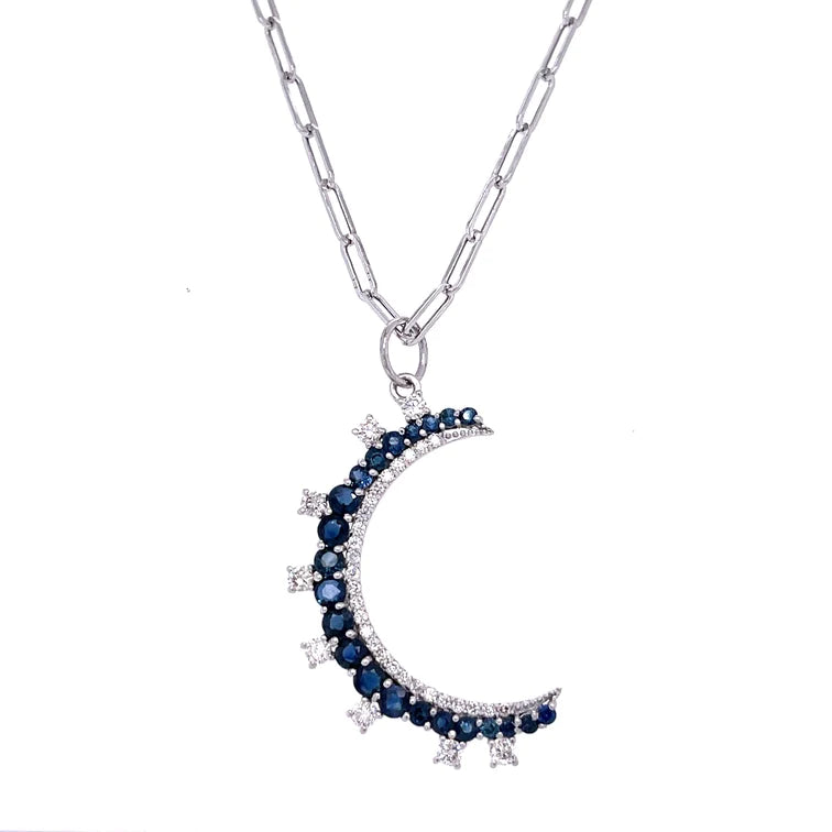 14kt White Gold Blue Sapphire Moon Pendant With Diamonds