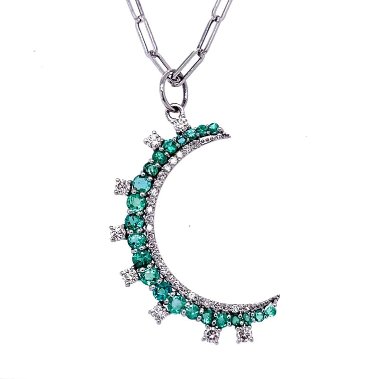 14kt White Gold Emerald Moon Pendent With Diamonds