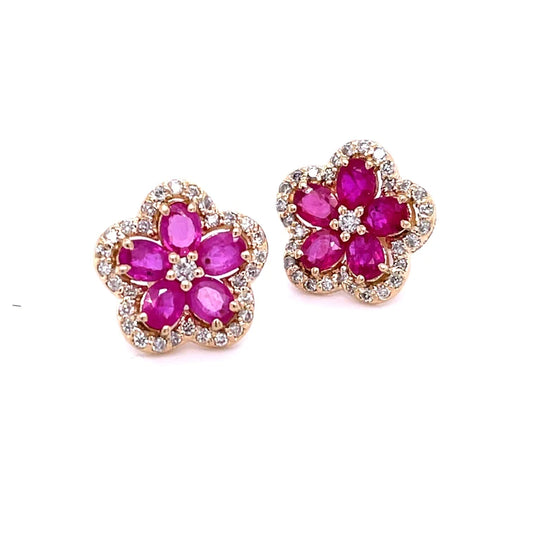 14kt Yellow Gold Flower Ruby Diamond Earring