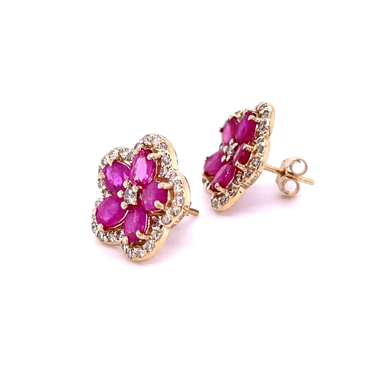 14kt Yellow Gold Flower Ruby Diamond Earring