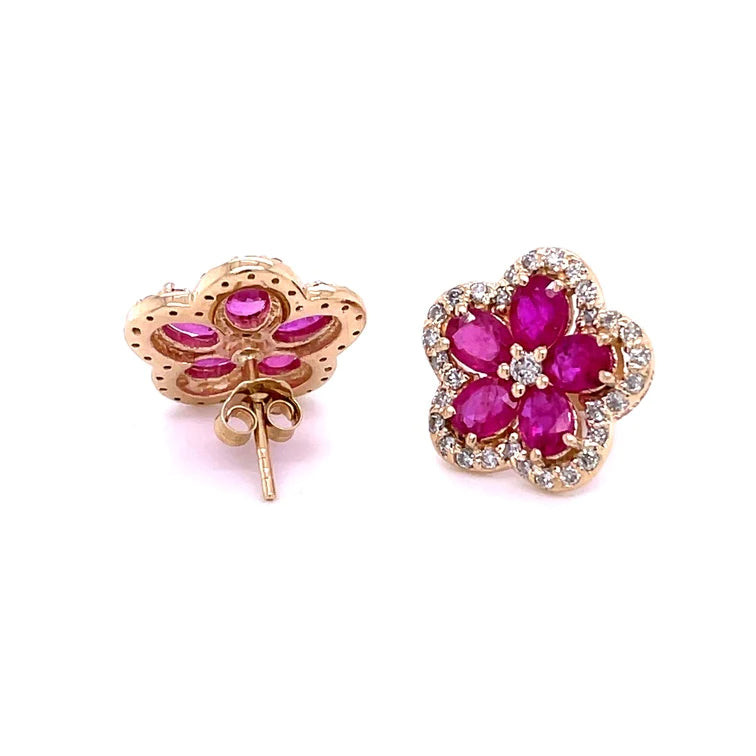 14kt Yellow Gold Flower Ruby Diamond Earring