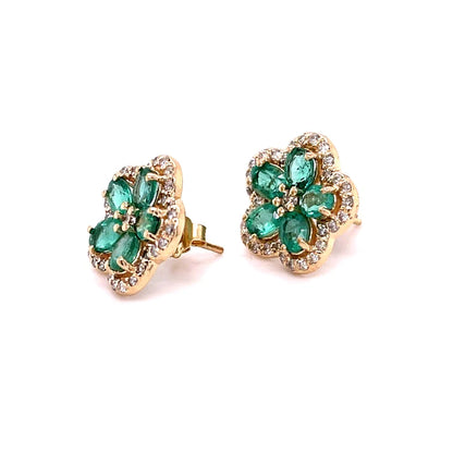 14kt Yellow Gold Flower Emerald Diamond Earring