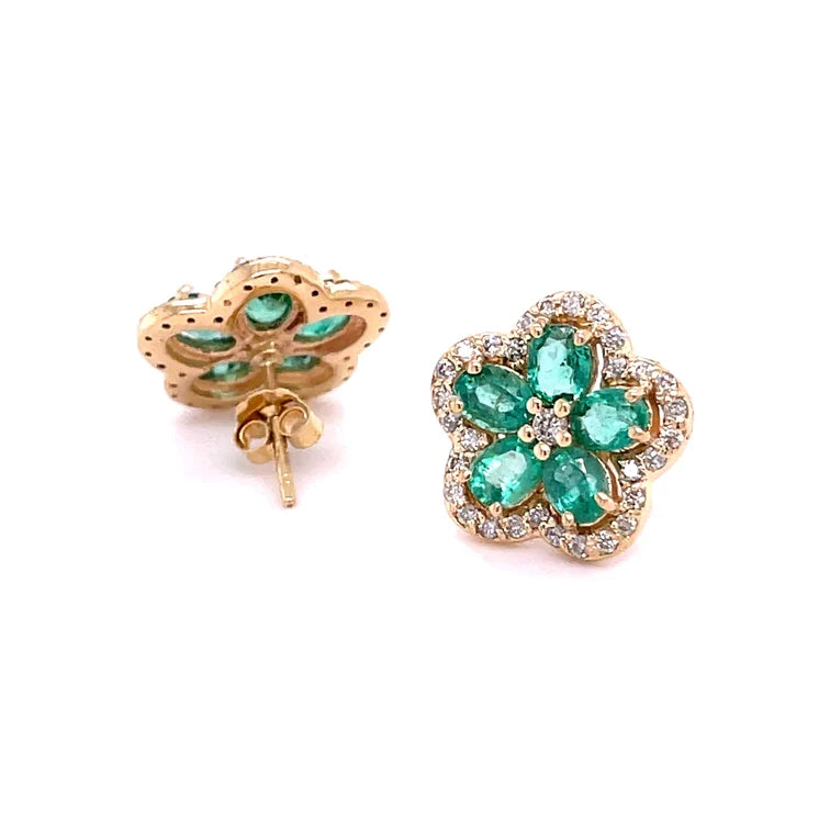 14kt Yellow Gold Flower Emerald Diamond Earring