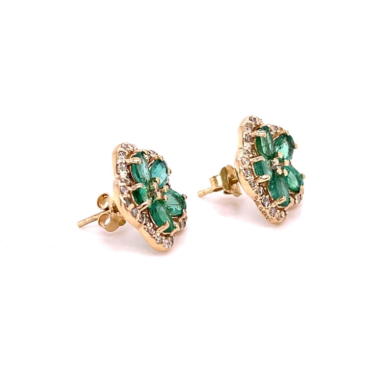 14kt Yellow Gold Flower Emerald Diamond Earring