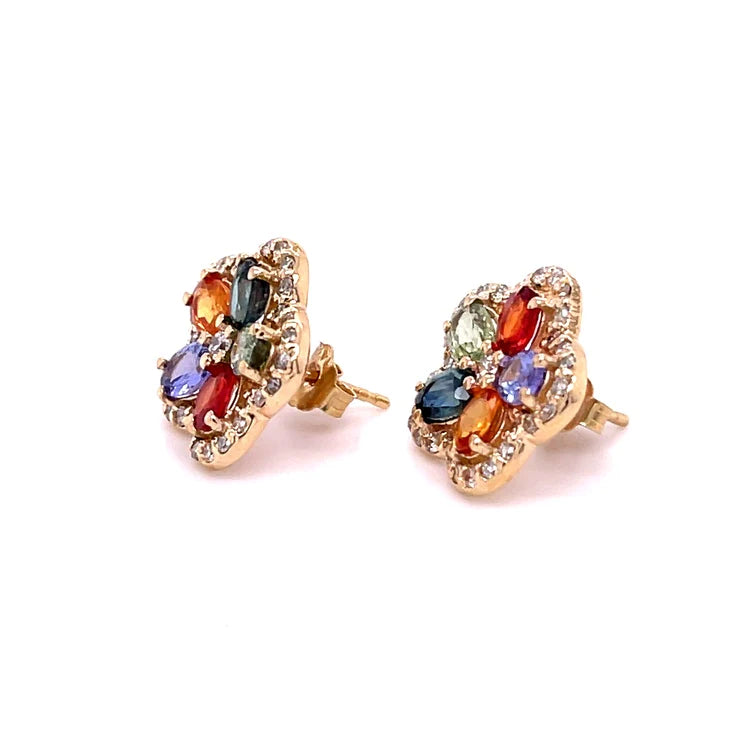 14kt Yellow Gold Flower Multi Sapphire Diamond Earring