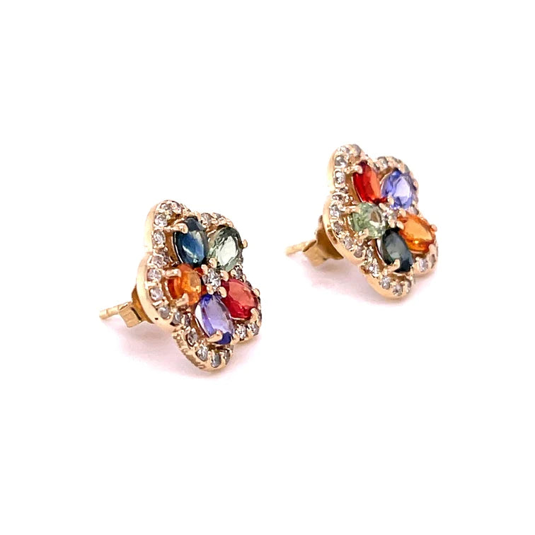 14kt Yellow Gold Flower Multi Sapphire Diamond Earring
