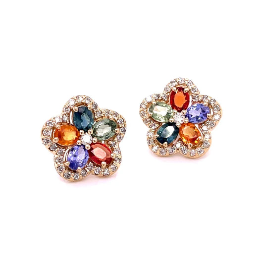 14kt Yellow Gold Flower Multi Sapphire Diamond Earring