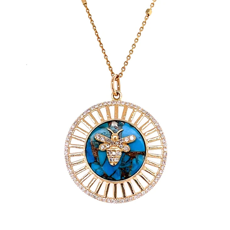 14kt Yellow Gold Bee Mohave Turqoise Pendent With Diamonds