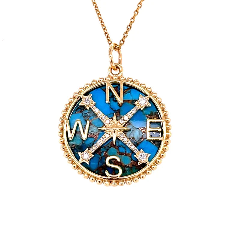 14kt Yellow Gold Mohave Turquoise Compass Pendent With Diamonds