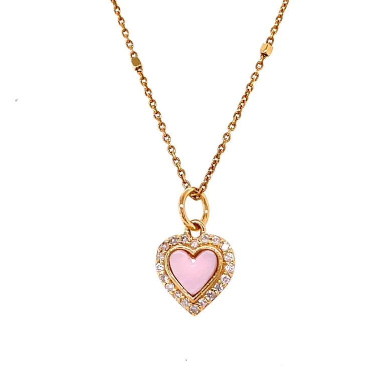 14kt Yellow Gold Pink Opal Heart Pendent With Diamonds