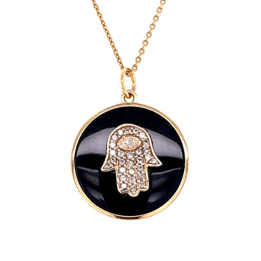 14kt Yellow Gold Black Onyx Hamsa Pendent With Diamonds