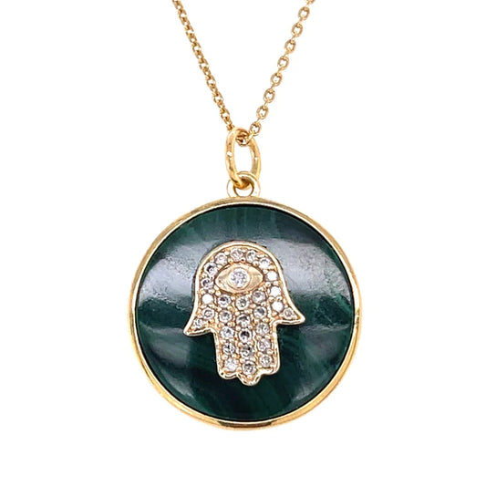 14kt Yellow Gold Malachite Hamsa Pendent With Diamonds