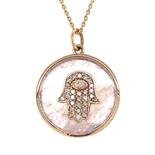 14kt Yellow Gold Rainbow Moonstone Hamsa Pendent With Diamonds