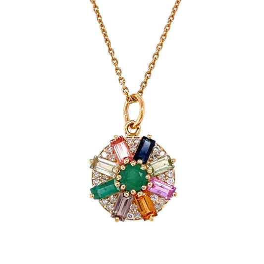 14kt Yellow Gold Emerald &amp; Multi Sapphire Flower Pendent With Diamond