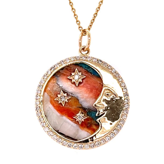 14kt Yellow Gold Oyester Turquoise Star Moon Pendent With Diamonds