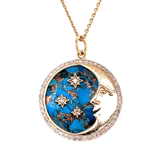 14kt Yellow Gold Mohave Turquoise Star Moon Pendent With Diamonds