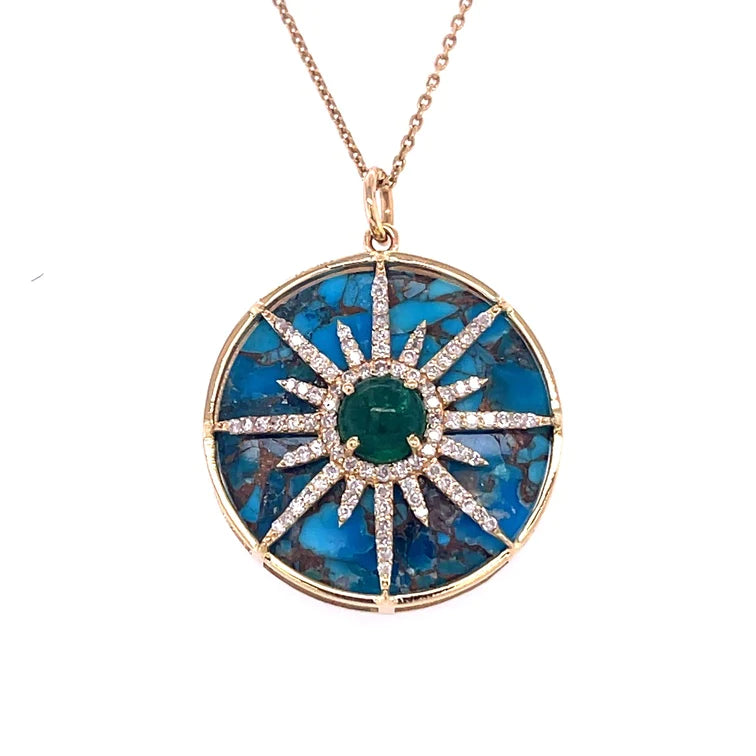 14kt Yellow Gold Mohave Turquoise + Emerald Pendent With Diamonds