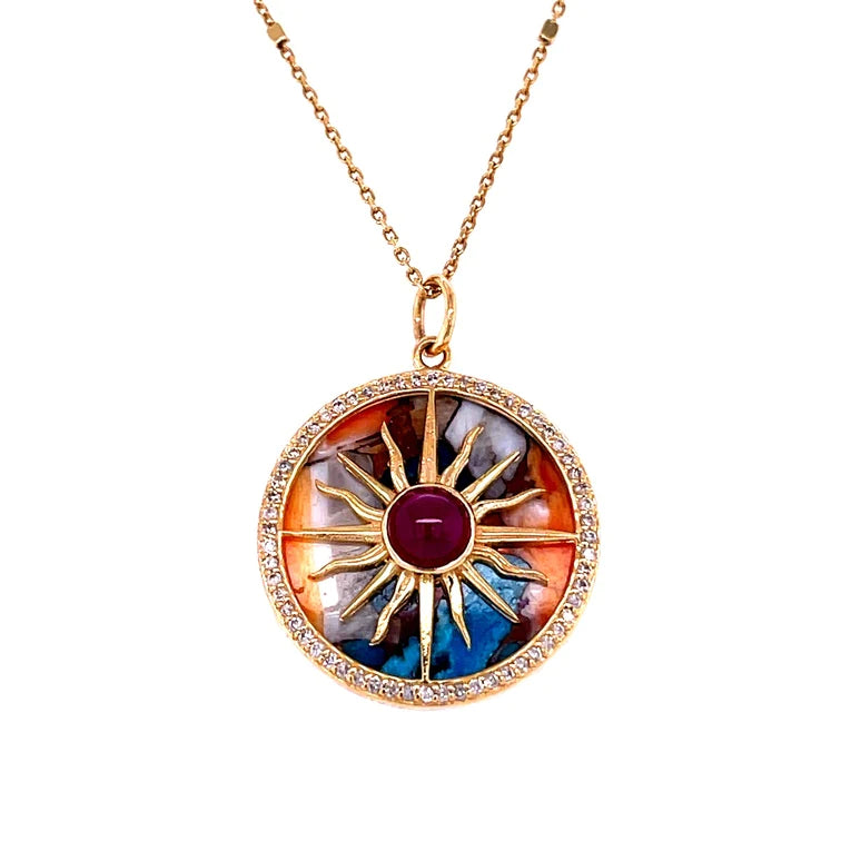 14kt Yellow Gold Oyster Turquoise Pendent With Ruby and Diamonds