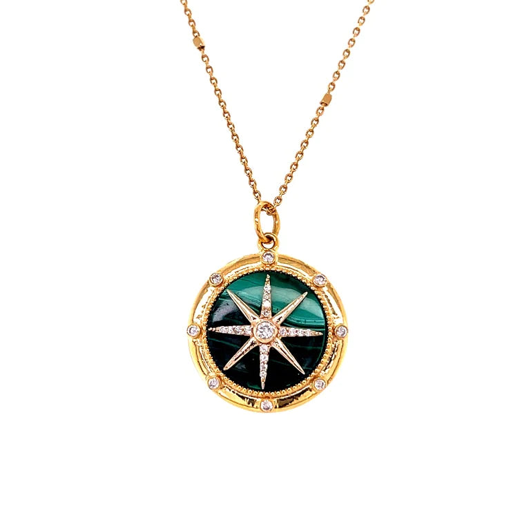 14kt Yellow Gold Malachite Compass Pendent With Diamonds