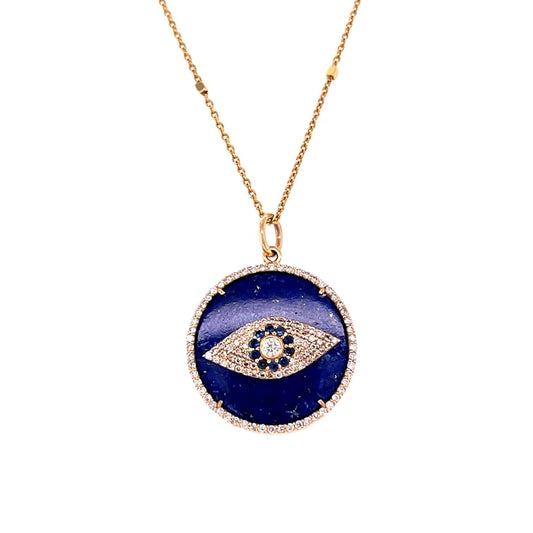 14kt Yellow Gold Lapis Evil Eye With Blue Sapphire Pendent With Diamonds