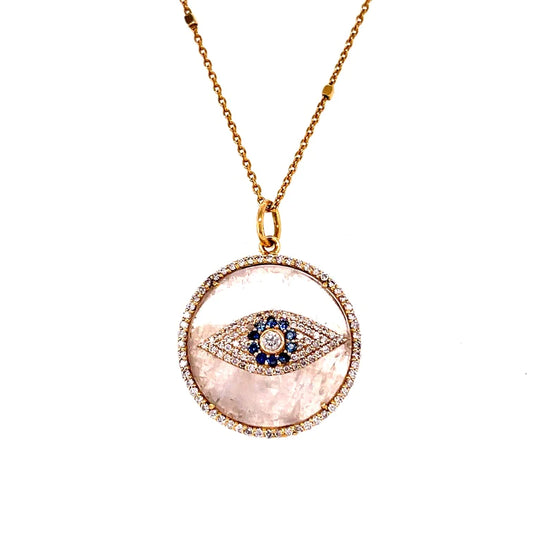 14kt Yellow Gold Rainbow Moonstone Evil Eye With Blue Sapphire and Diamonds