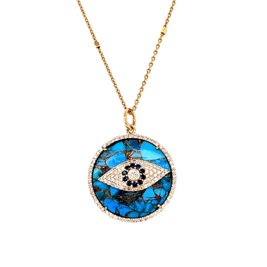 14kt Yellow Gold Oyster Turquoise Evil Eye With Blue Sapphire and Diamonds Pendent