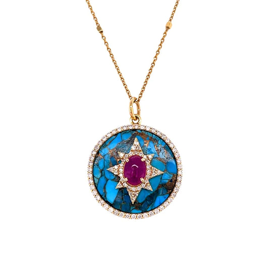 14kt Yellow Gold Mohave Turquoise and Ruby With Diamonds Pendent