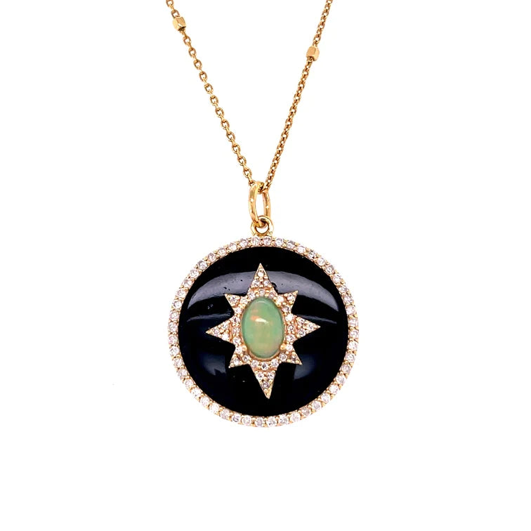14kt Yellow Gold Black Onyx and Opal With Diamonds Pendent