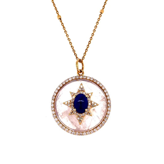 14kt Yellow Gold Rainbow Moonstone and Lapis With Diamonds Pendent