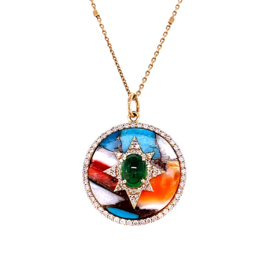 14kt Yellow Gold Oyster Turquoise and Tsovorite With Diamonds Pendent