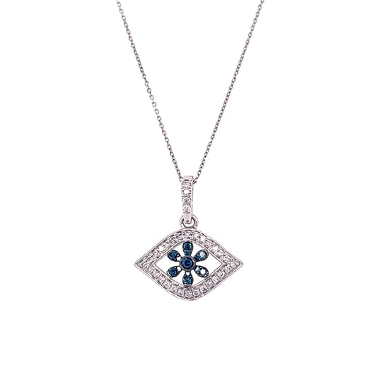 14kt White Gold Blue Sapphire Evil Eye Flower With Diamonds Pendent