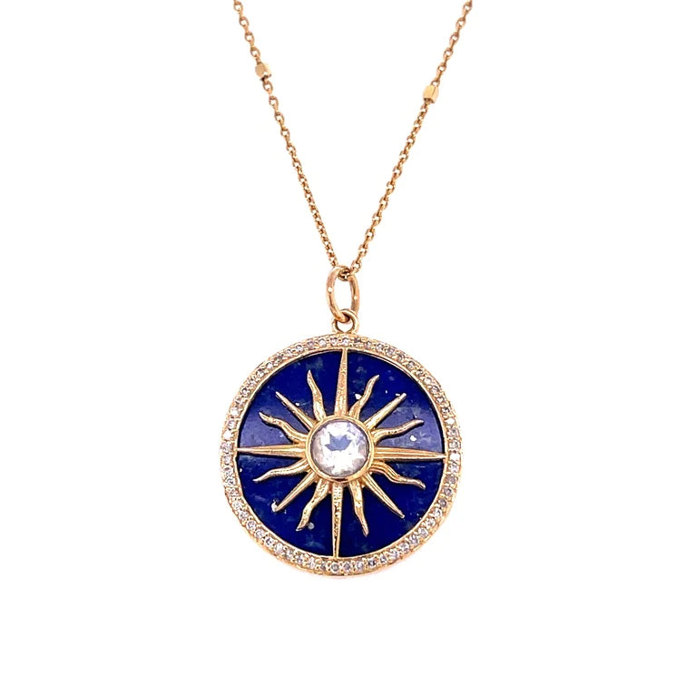 14kt Yellow Gold Lapis and Rainbow Moon Stone With Diamonds Pendent