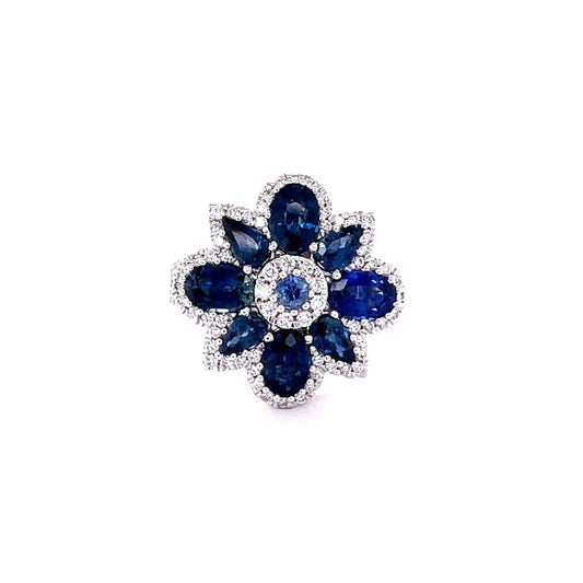 14kt White Gold Blue Sapphire Flower With Diamonds Ring