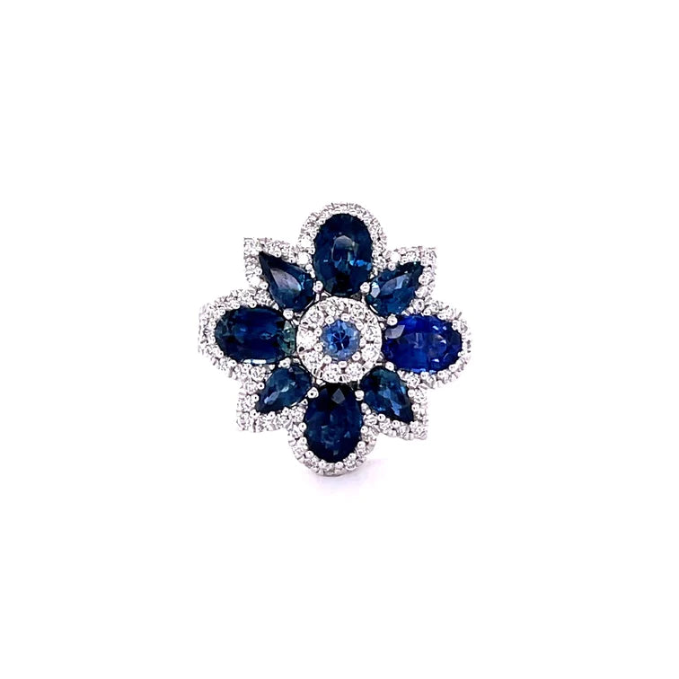 14kt White Gold Blue Sapphire Flower With Diamonds Ring