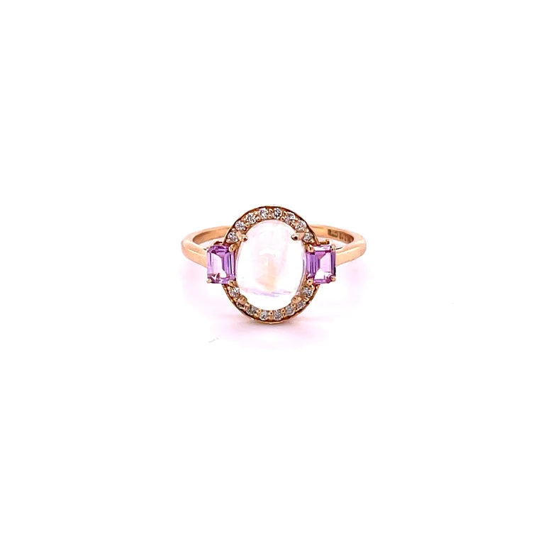 14kt Yellow Gold Rainbow Moonstone With Diamonds and Sapphire Ring