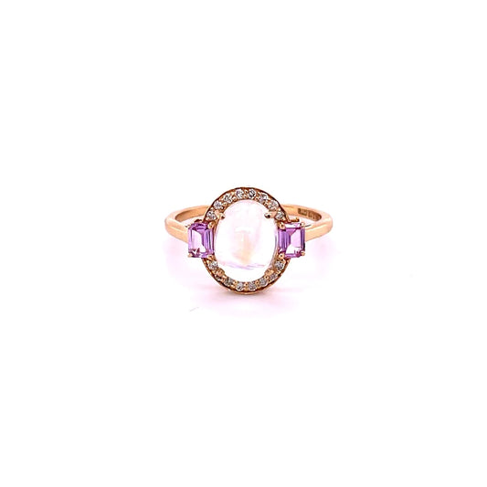 14kt Yellow Gold Rainbow Moonstone With Diamonds and Sapphire Ring