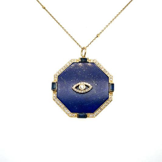 Yellow Gold Evil Eye Lapis Pendant With Diamonds