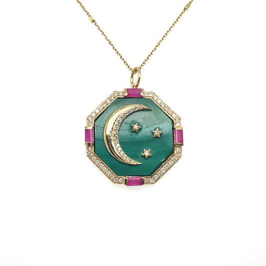 Yellow Gold Star Moon Malachite Pendant With Diamonds