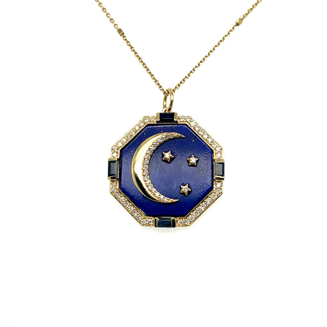 Yellow Gold Star Moon Lapis Pendant With Diamonds