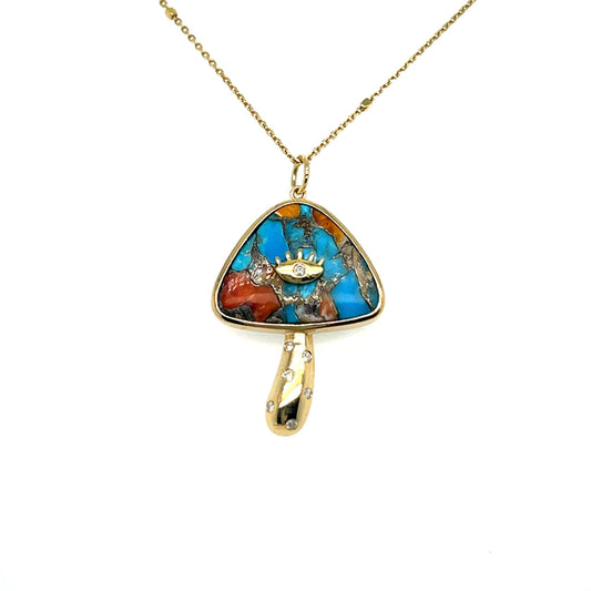 Yellow Gold Oyster Turquoise Mushroom Pendant With Diamonds