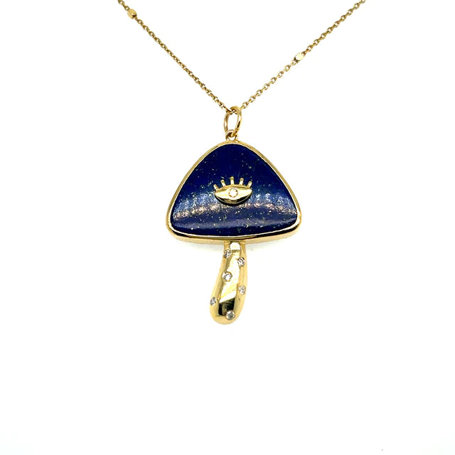 Yellow Gold Lapis Mushroom Pendant With Diamonds