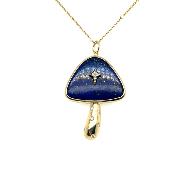 Yellow Gold Lapis Mushroom Pendant With Diamonds