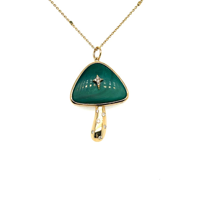 Yellow Gold Malachite Mushroom Pendant With Diamonds