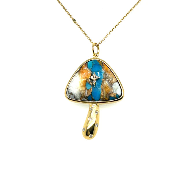 Yellow Gold Oyster Turquoise Mushroom Pendant With Diamonds