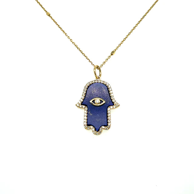 Yellow Gold Lapis Hamsa Pendant With Diamonds