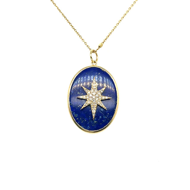 Yellow Gold Lapis Oval Pendant With Diamonds