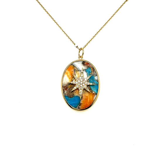 Yellow Gold Oyster Turquoise Oval Pendant With Diamonds