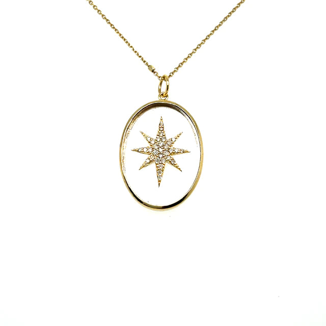 Yellow Gold Clear Quartz Oval Pendant With Diamonds