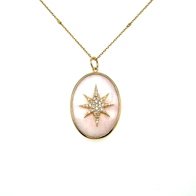 Yellow Gold Pink Opal Oval Pendant With Diamonds